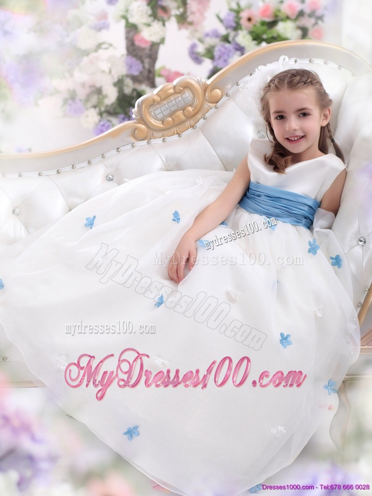 White Scoop Flower Girl Dress with Baby Blue Waistband and Appliques