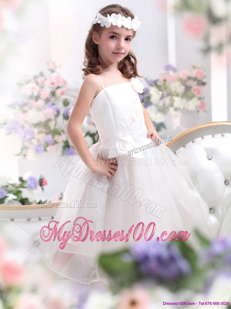 White Spaghetti Straps Flower Girl Dress with Hand Made Flower and Appliques