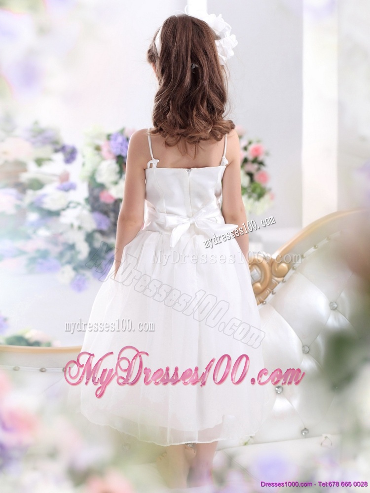 White Spaghetti Straps Flower Girl Dress with Hand Made Flower and Appliques