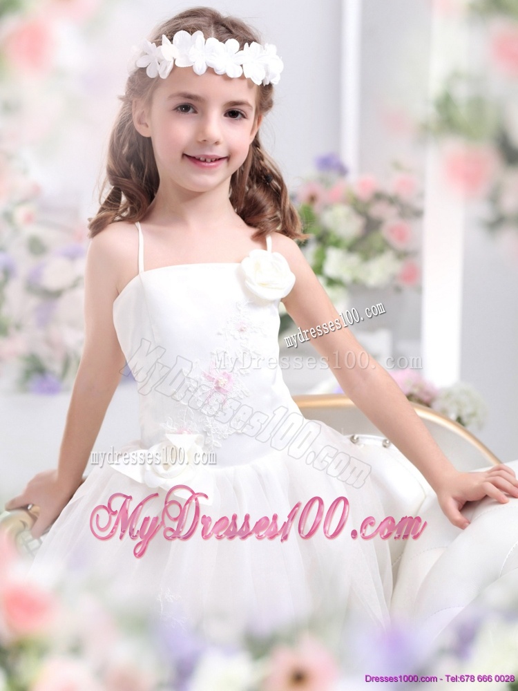 White Spaghetti Straps Flower Girl Dress with Hand Made Flower and Appliques
