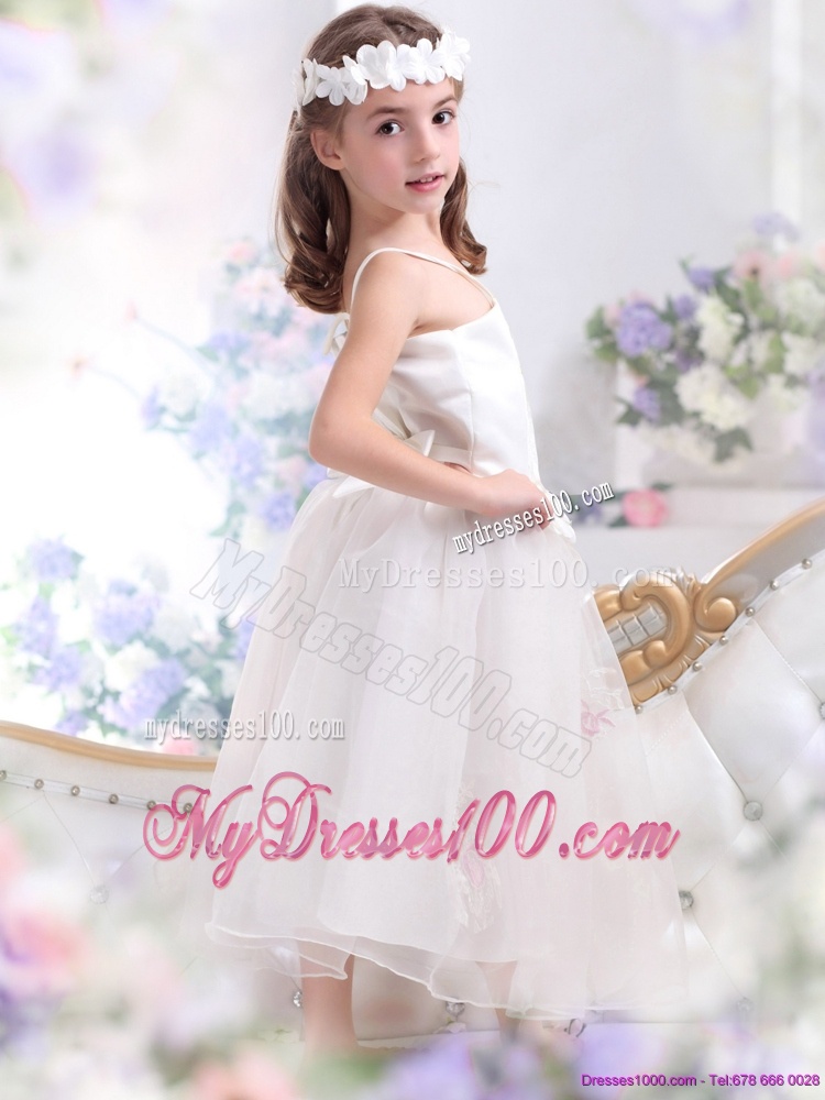 White Spaghetti Straps Flower Girl Dress with Hand Made Flower and Appliques