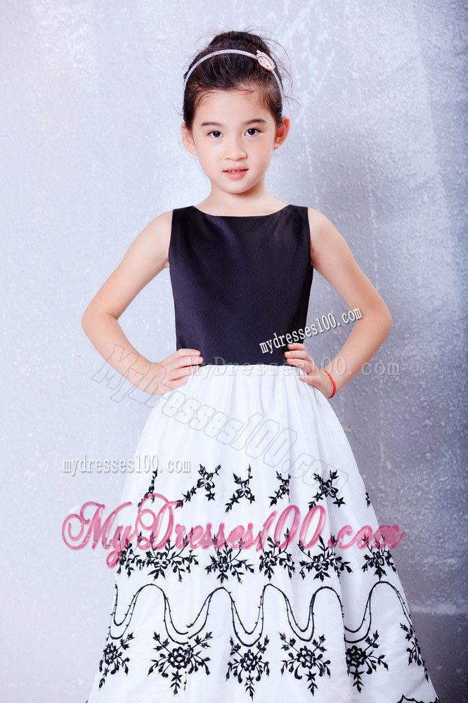 White and Black A-line Scoop Tea-length Taffeta and Organza Embroidery Flower Girl Dress