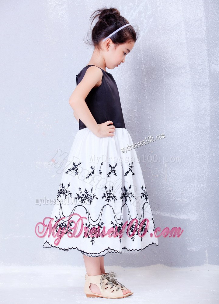 White and Black A-line Scoop Tea-length Taffeta and Organza Embroidery Flower Girl Dress