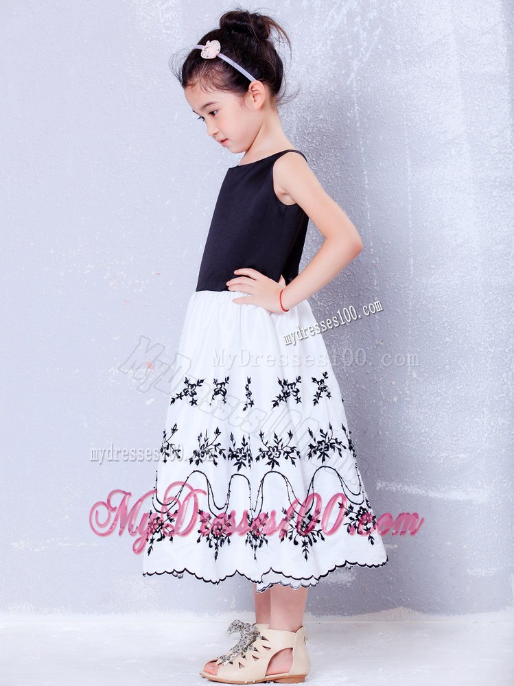 White and Black A-line Scoop Tea-length Taffeta and Organza Embroidery Flower Girl Dress