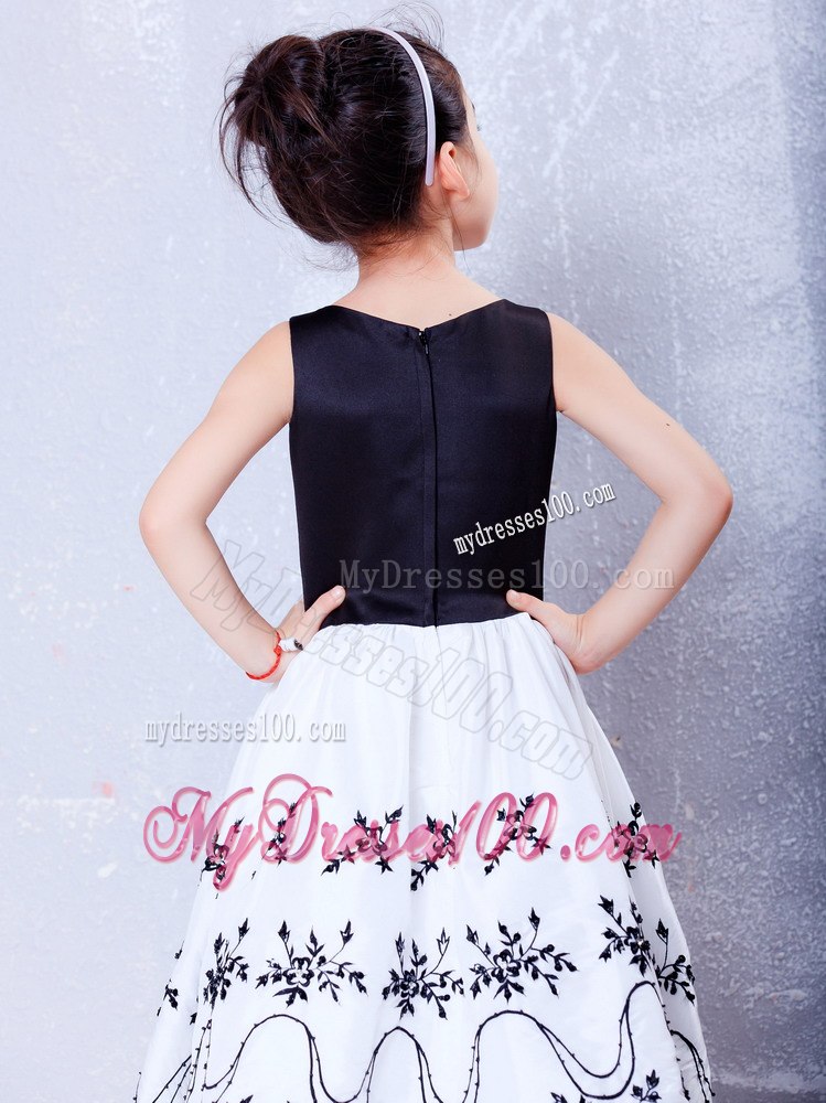 White and Black A-line Scoop Tea-length Taffeta and Organza Embroidery Flower Girl Dress