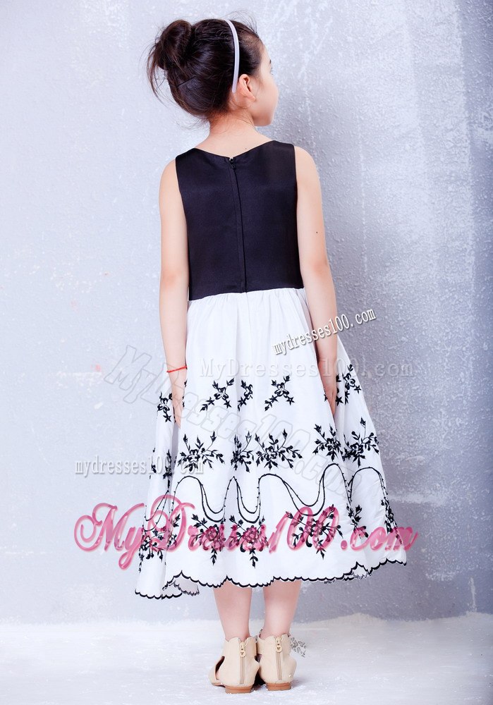 White and Black A-line Scoop Tea-length Taffeta and Organza Embroidery Flower Girl Dress