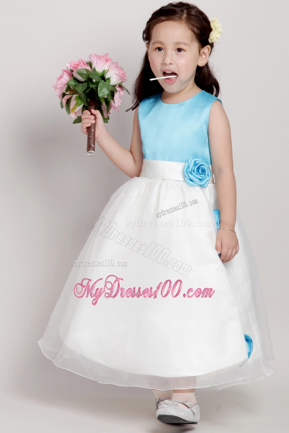 White and Blue A-line Scoop Ankle-length Taffeta and Organza Hand Made Flowers Flower Girl Dress