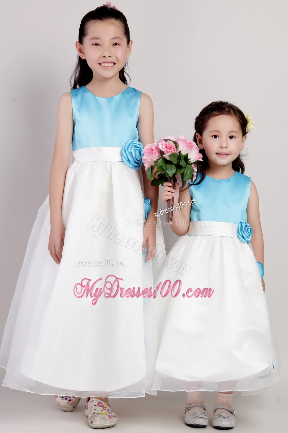 White and Blue A-line Scoop Ankle-length Taffeta and Organza Hand Made Flowers Flower Girl Dress