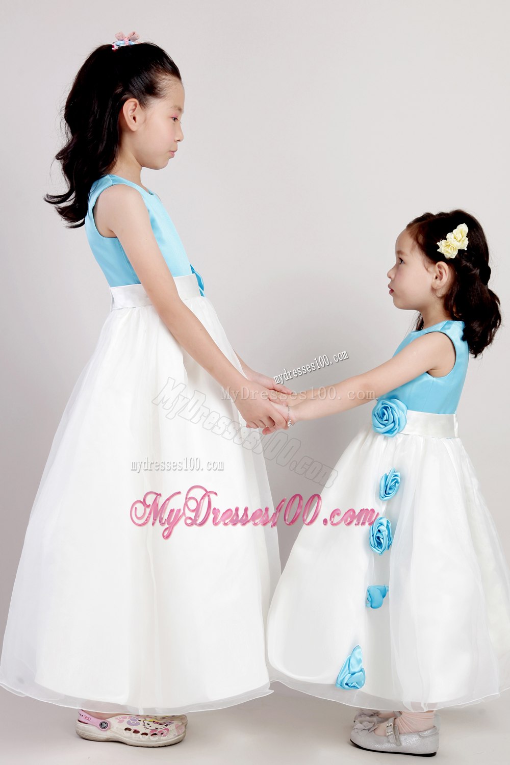 White and Blue A-line Scoop Ankle-length Taffeta and Organza Hand Made Flowers Flower Girl Dress