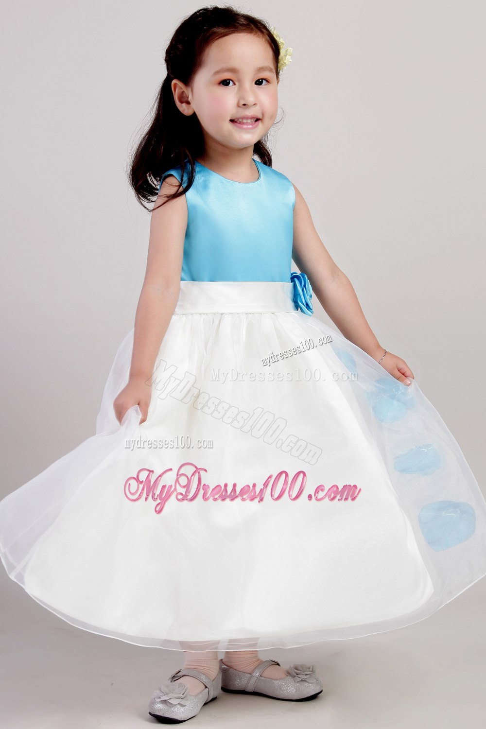White and Blue A-line Scoop Ankle-length Taffeta and Organza Hand Made Flowers Flower Girl Dress