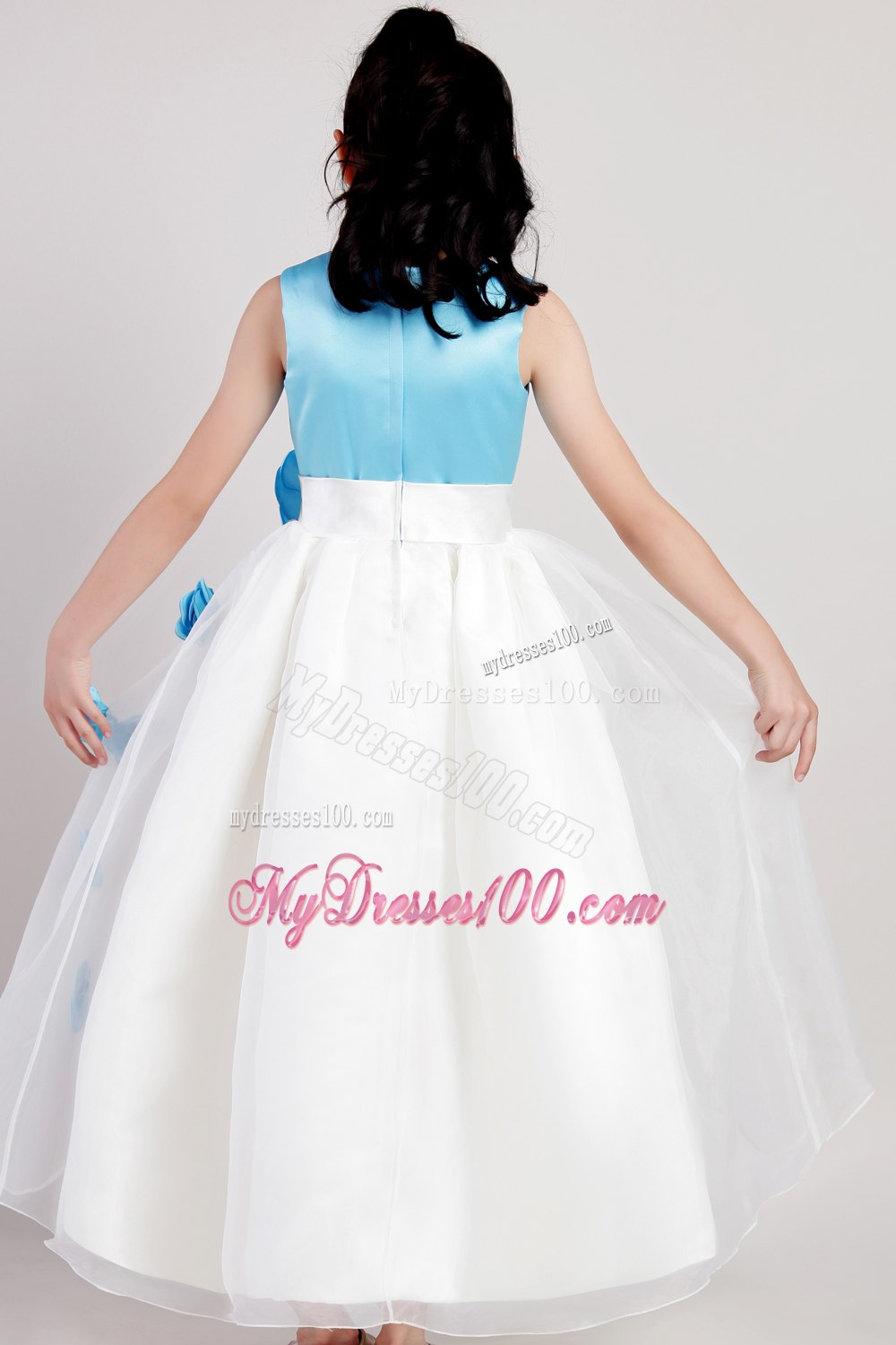 White and Blue A-line Scoop Ankle-length Taffeta and Organza Hand Made Flowers Flower Girl Dress