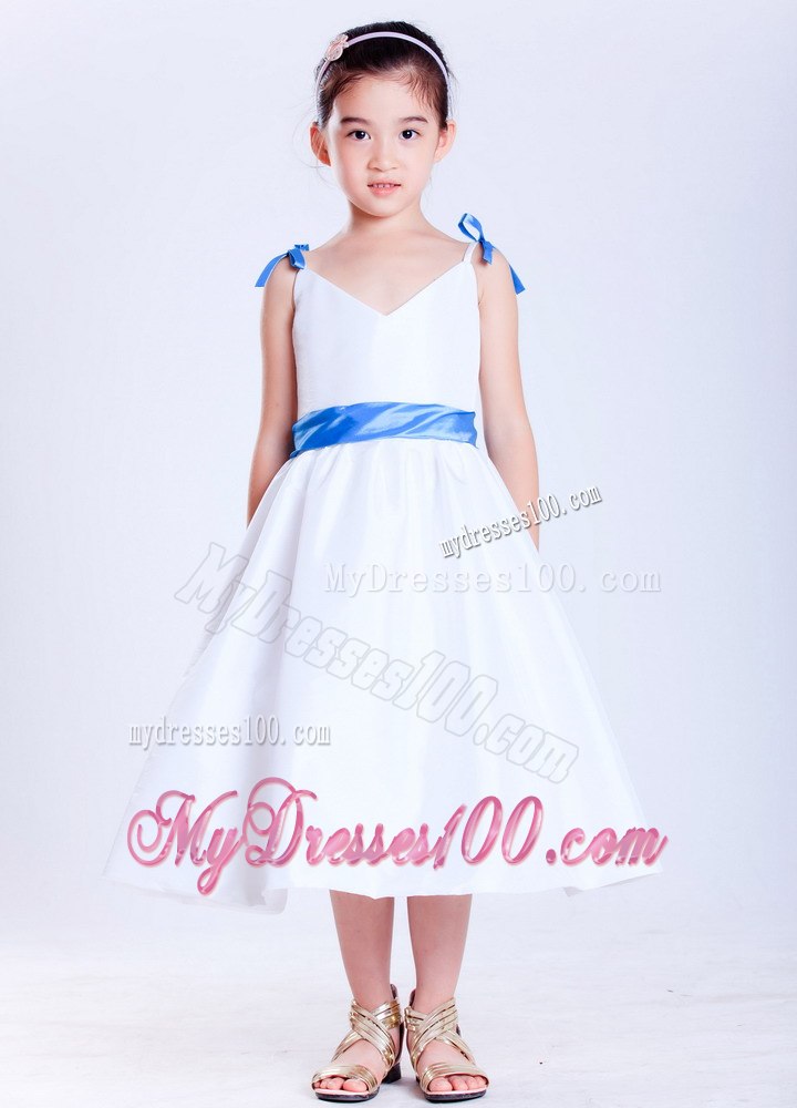 White and Blue A-line V-neck Tea-length Taffeta Bows Flower Girl Dress