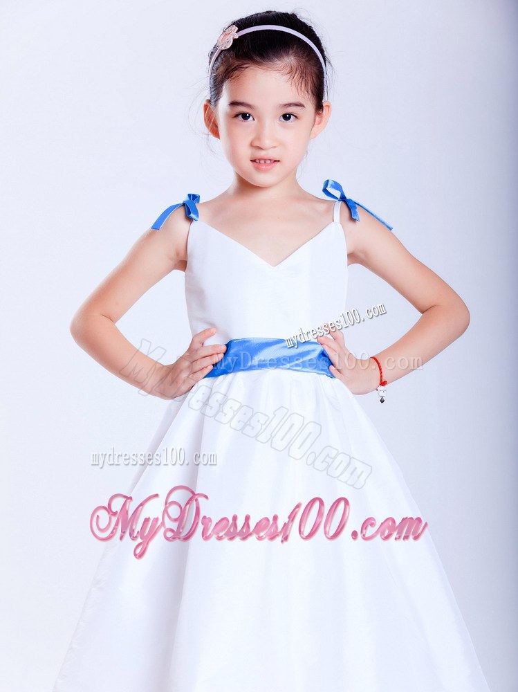 White and Blue A-line V-neck Tea-length Taffeta Bows Flower Girl Dress