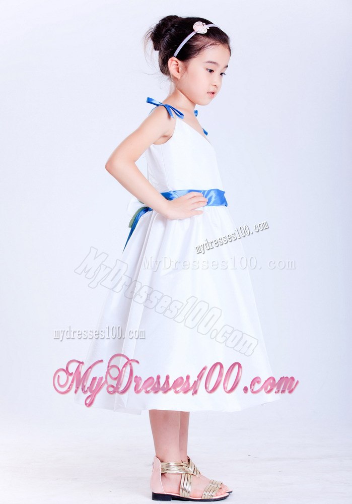 White and Blue A-line V-neck Tea-length Taffeta Bows Flower Girl Dress
