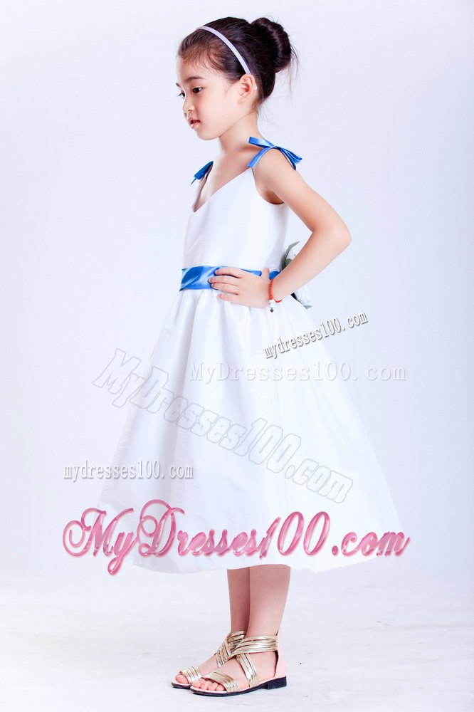 White and Blue A-line V-neck Tea-length Taffeta Bows Flower Girl Dress