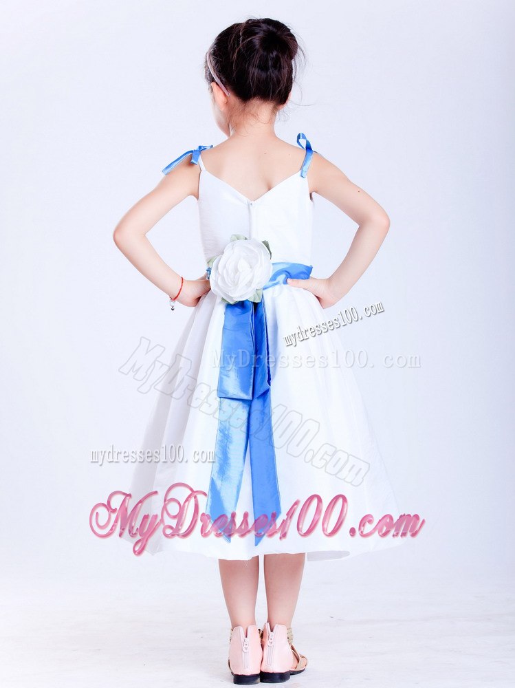White and Blue A-line V-neck Tea-length Taffeta Bows Flower Girl Dress