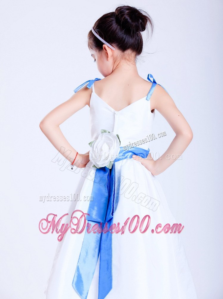 White and Blue A-line V-neck Tea-length Taffeta Bows Flower Girl Dress