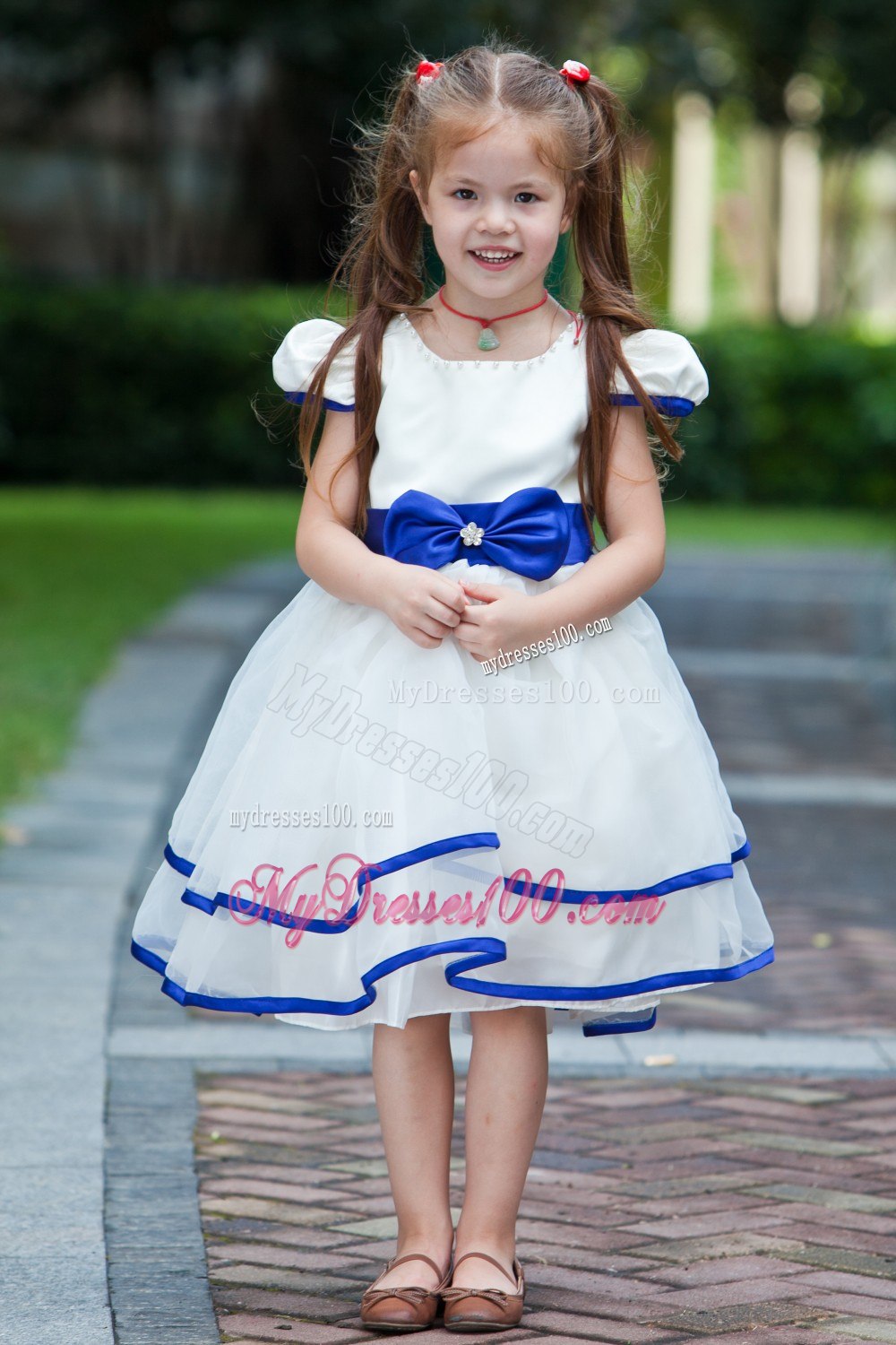White and Blue Ball Gown Scoop Knee-length Taffeta and Organza Bow Flower Girl Dress