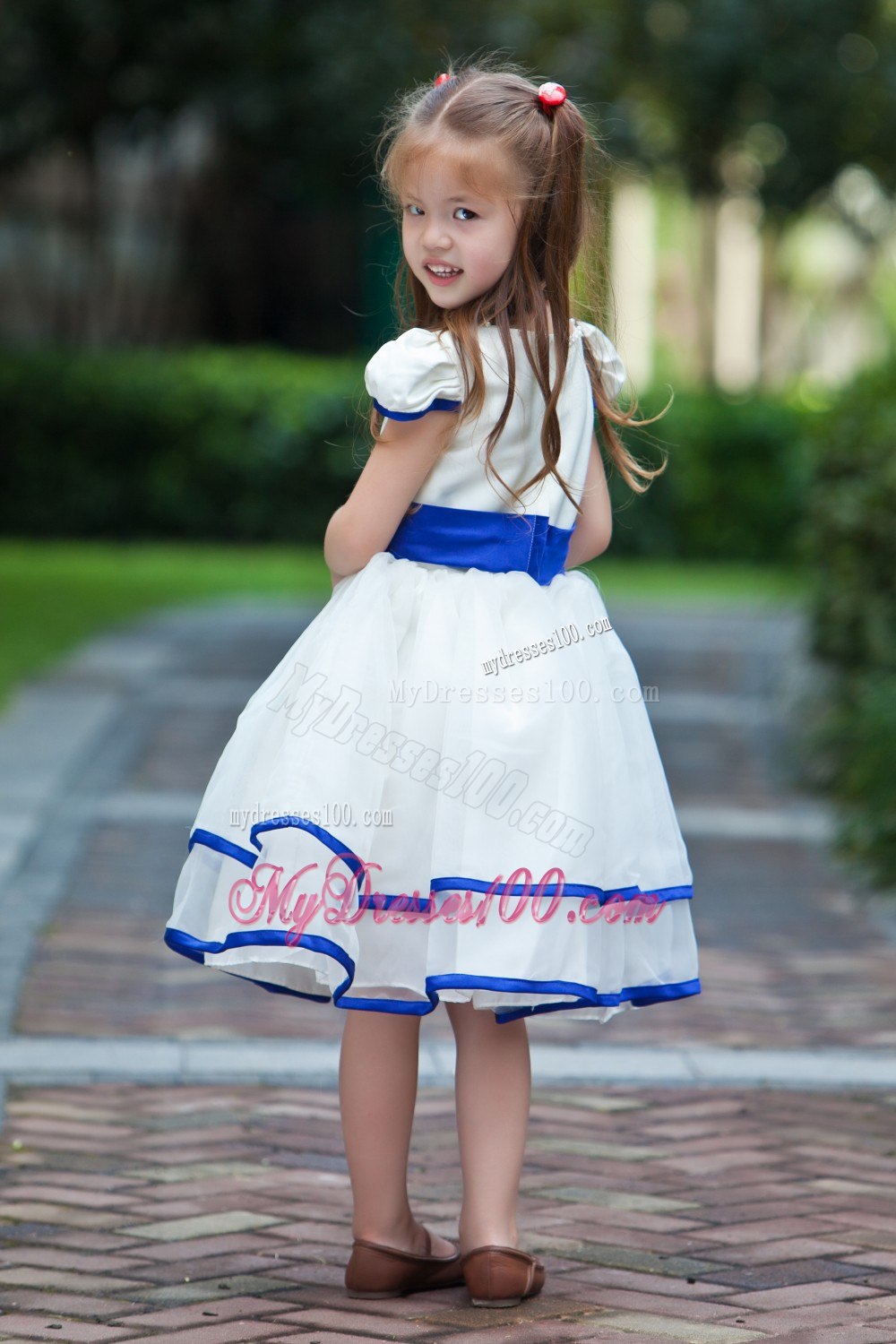 White and Blue Ball Gown Scoop Knee-length Taffeta and Organza Bow Flower Girl Dress