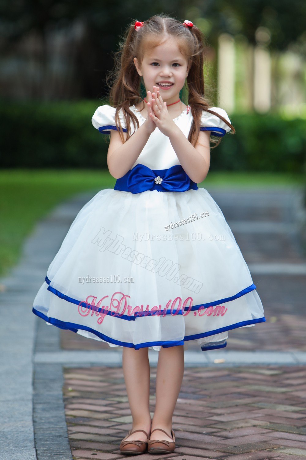 White and Blue Ball Gown Scoop Knee-length Taffeta and Organza Bow Flower Girl Dress