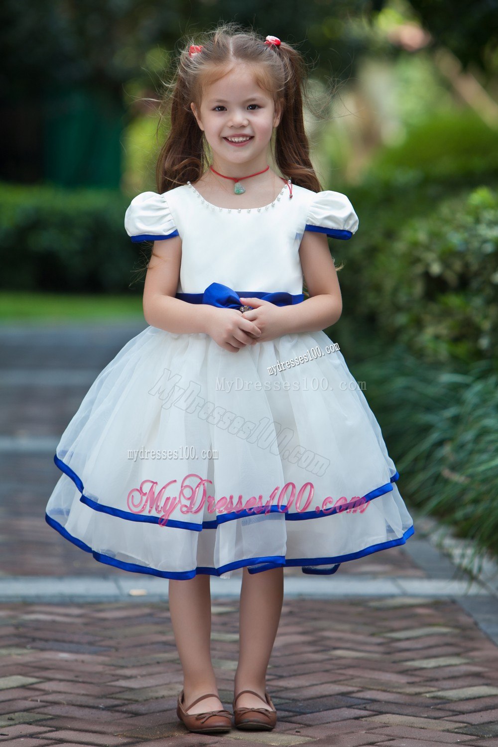 White and Blue Ball Gown Scoop Knee-length Taffeta and Organza Bow Flower Girl Dress