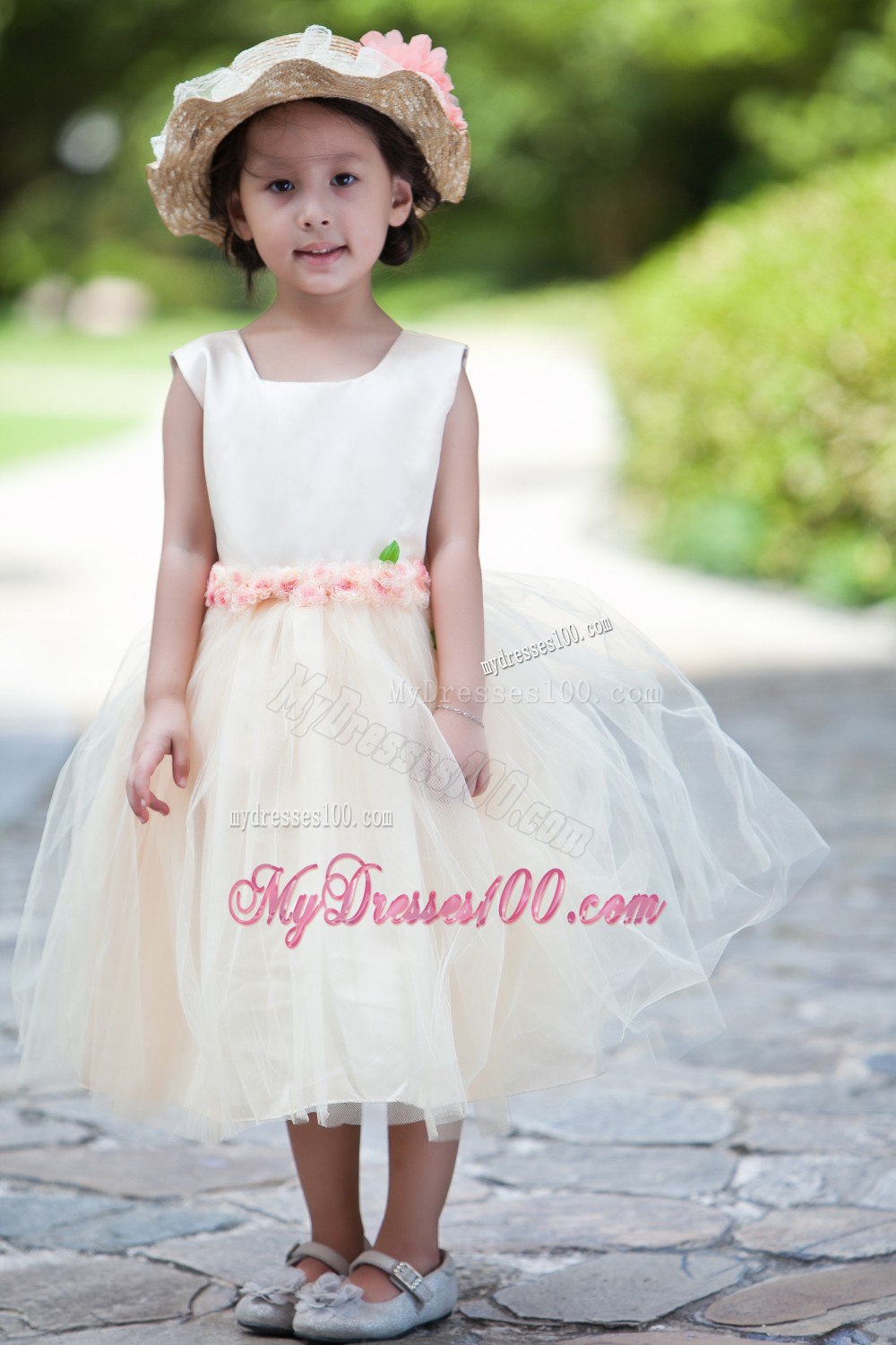White and Champagne Ball Gown Scoop Tea-length Taffeta and Net Flower Girl Dress