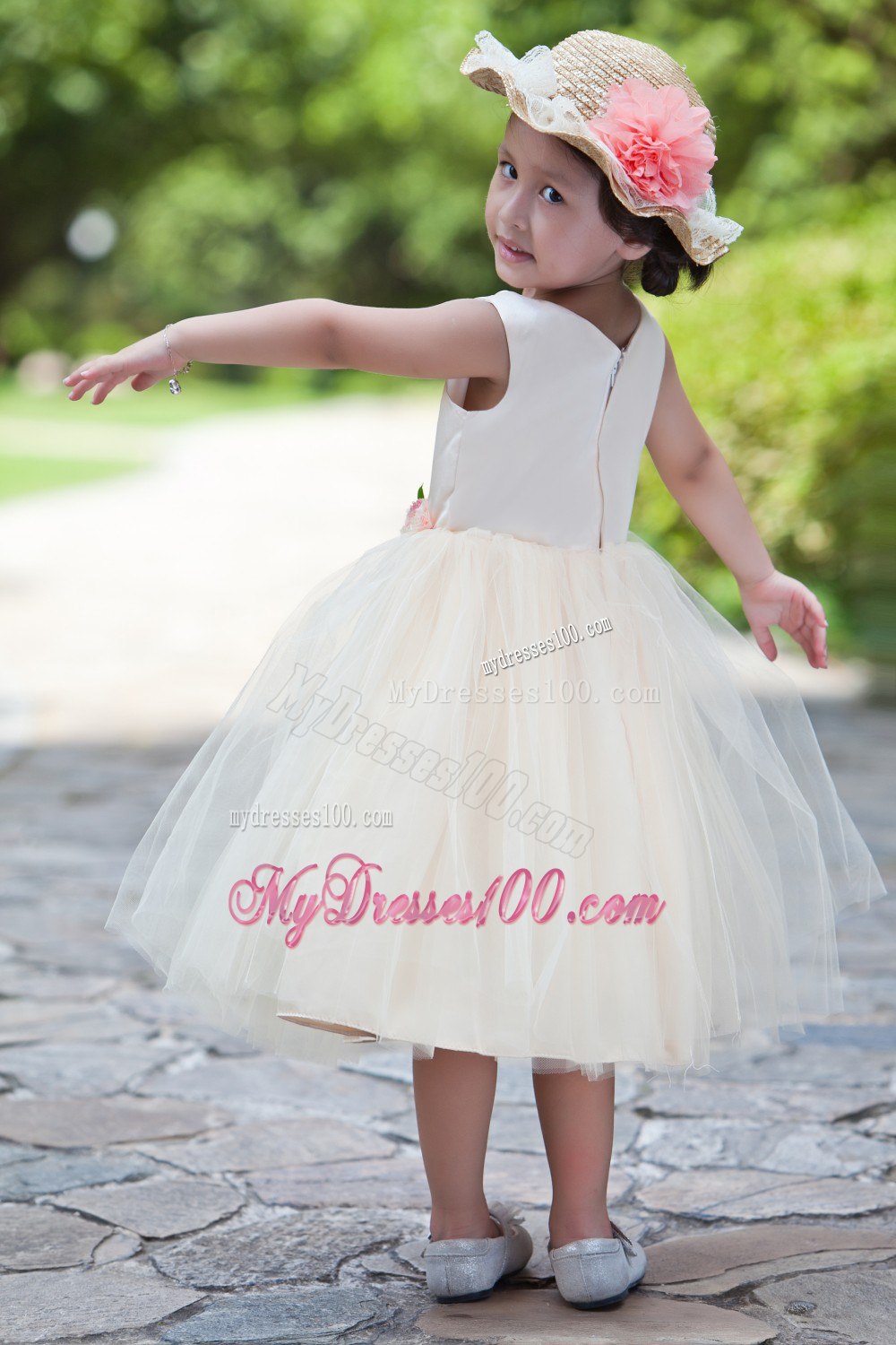 White and Champagne Ball Gown Scoop Tea-length Taffeta and Net Flower Girl Dress