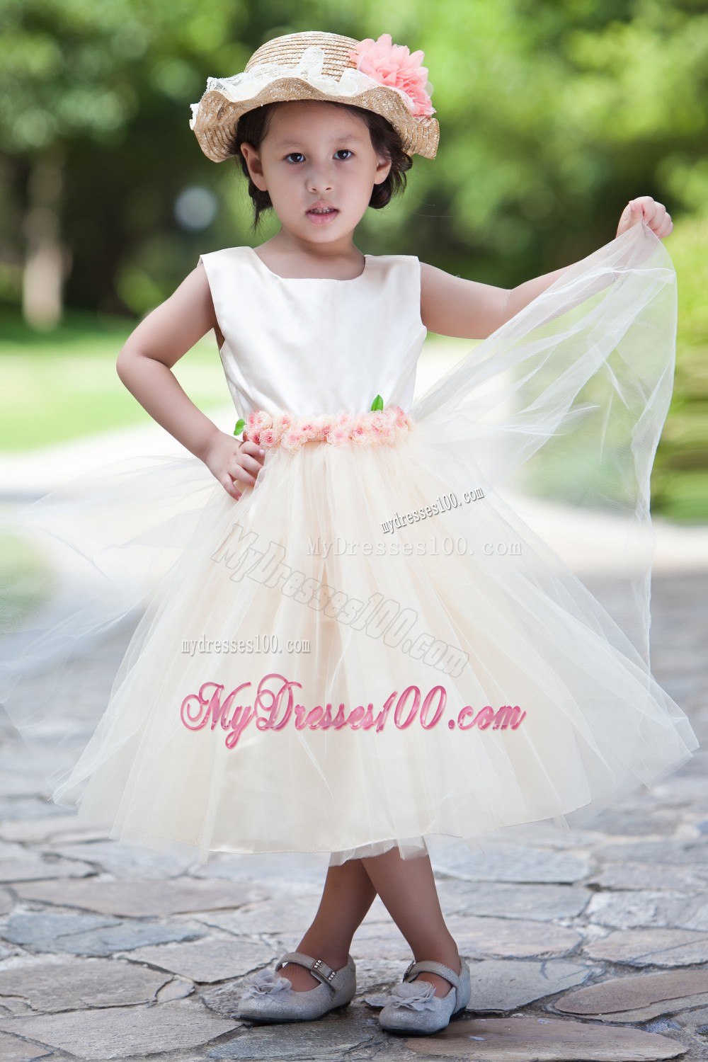 White and Champagne Ball Gown Scoop Tea-length Taffeta and Net Flower Girl Dress