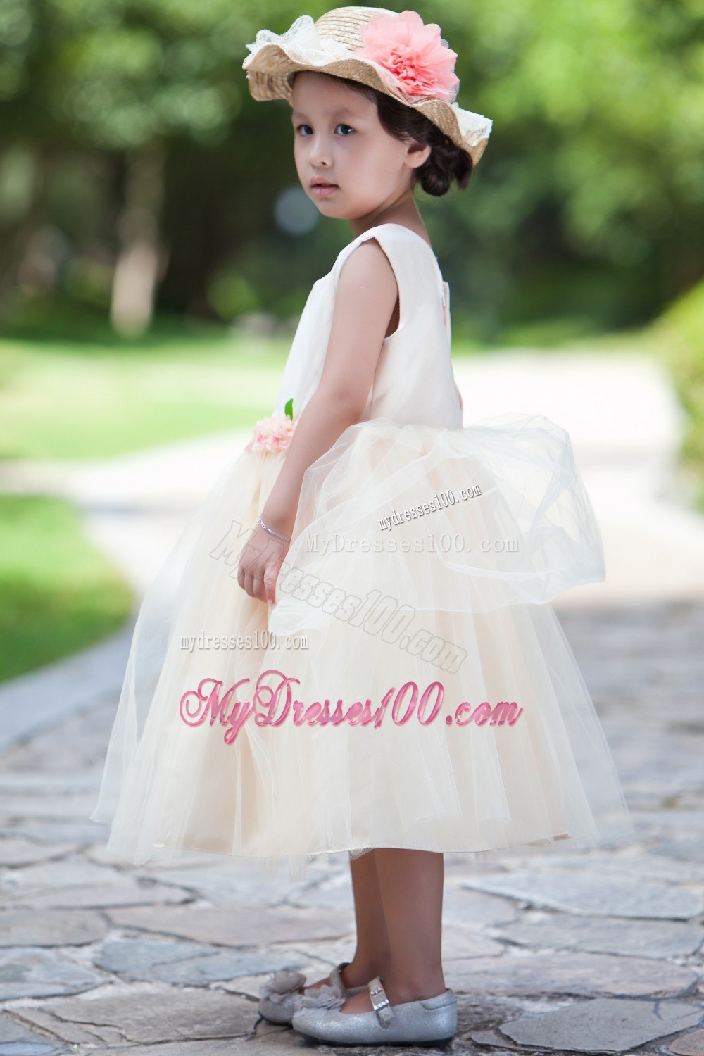 White and Champagne Ball Gown Scoop Tea-length Taffeta and Net Flower Girl Dress