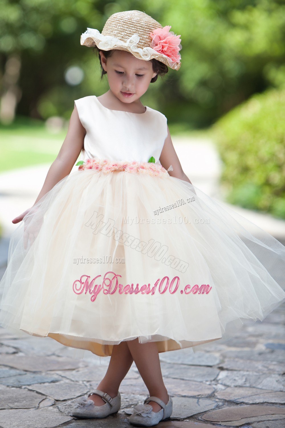 White and Champagne Ball Gown Scoop Tea-length Taffeta and Net Flower Girl Dress