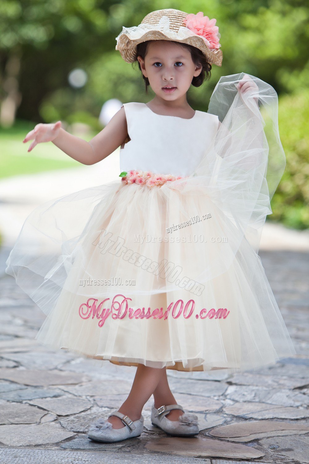 White and Champagne Ball Gown Scoop Tea-length Taffeta and Net Flower Girl Dress