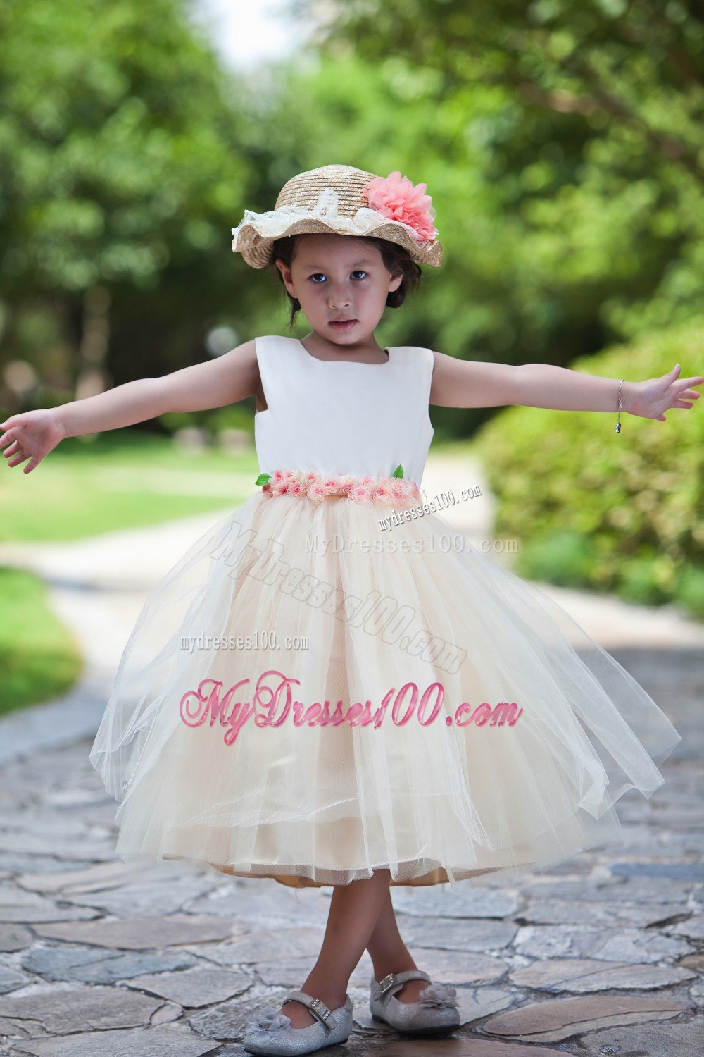 White and Champagne Ball Gown Scoop Tea-length Taffeta and Net Flower Girl Dress