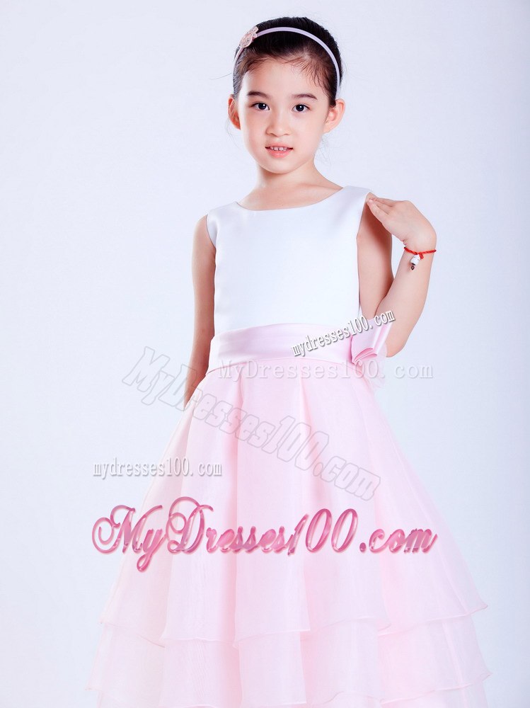 White and Pink Scoop Ankle-length Taffeta and Taffeta Girl Dress