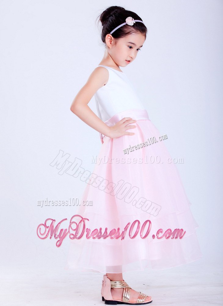 White and Pink Scoop Ankle-length Taffeta and Taffeta Girl Dress