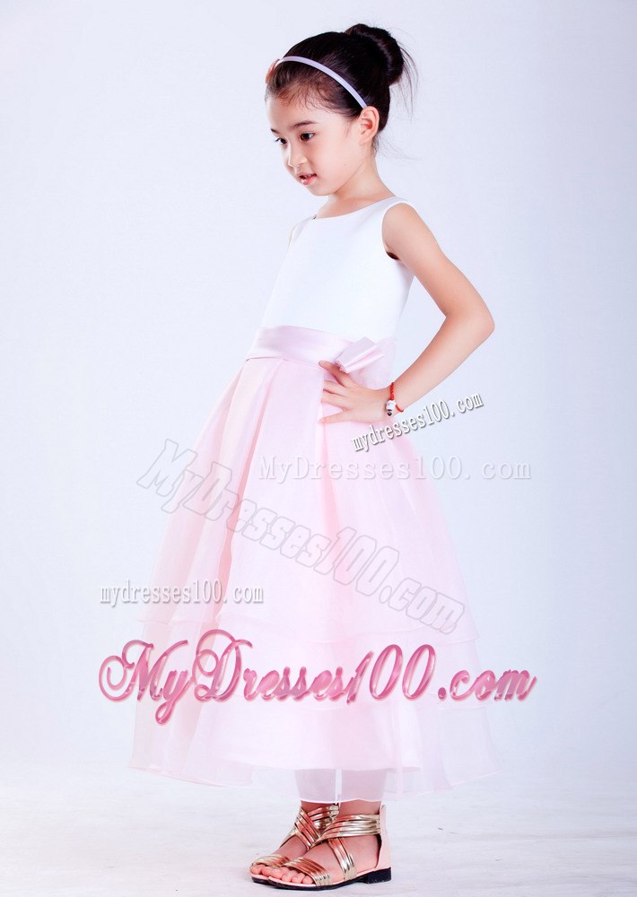 White and Pink Scoop Ankle-length Taffeta and Taffeta Girl Dress