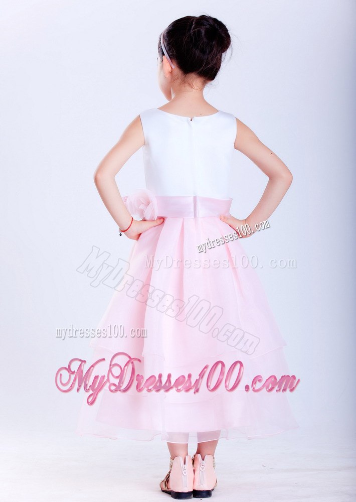 White and Pink Scoop Ankle-length Taffeta and Taffeta Girl Dress