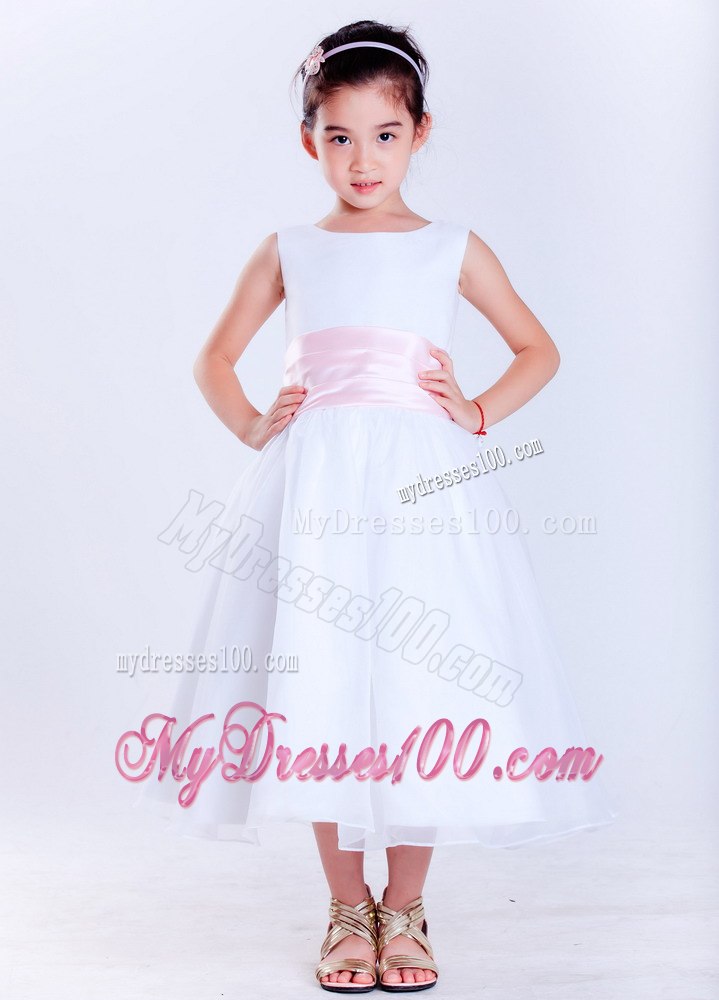 White and Pink Scoop Tea-length Taffeta and Organza Hand Made Flower Little Girl Dress