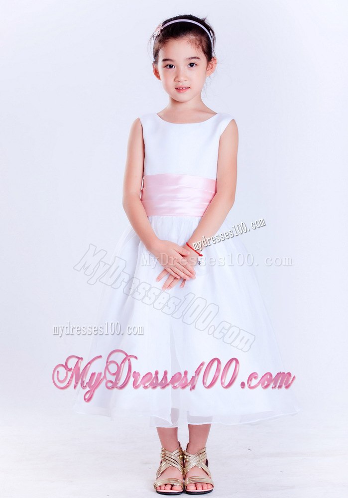 White and Pink Scoop Tea-length Taffeta and Organza Hand Made Flower Little Girl Dress