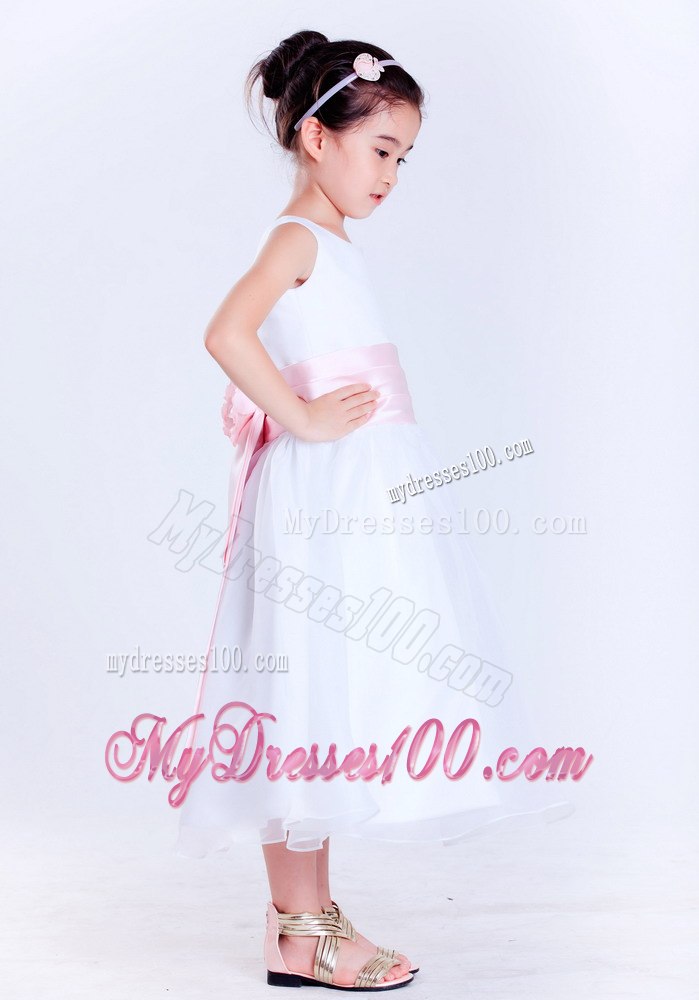 White and Pink Scoop Tea-length Taffeta and Organza Hand Made Flower Little Girl Dress
