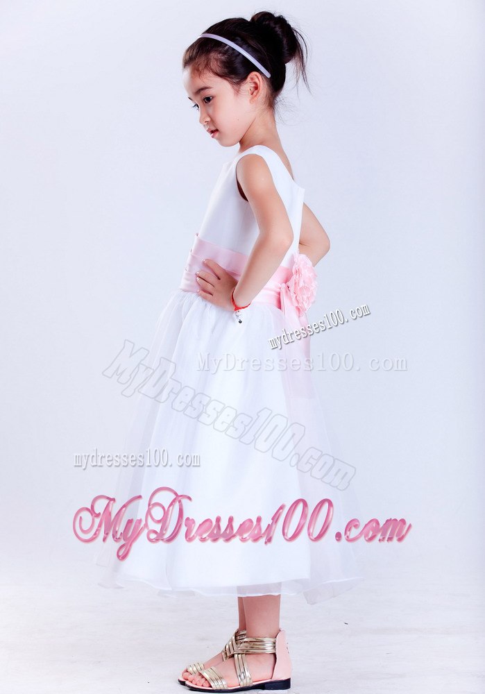 White and Pink Scoop Tea-length Taffeta and Organza Hand Made Flower Little Girl Dress