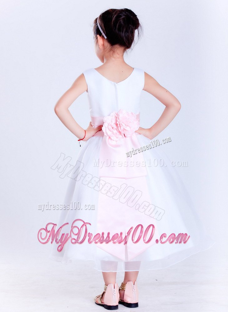 White and Pink Scoop Tea-length Taffeta and Organza Hand Made Flower Little Girl Dress