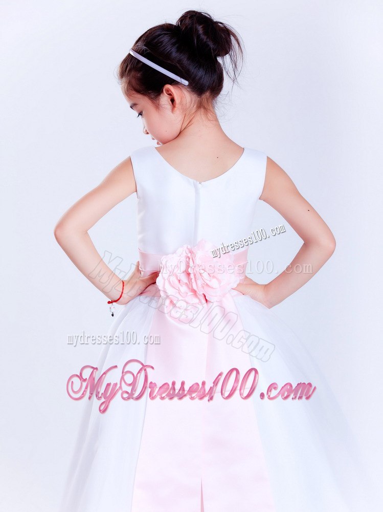 White and Pink Scoop Tea-length Taffeta and Organza Hand Made Flower Little Girl Dress