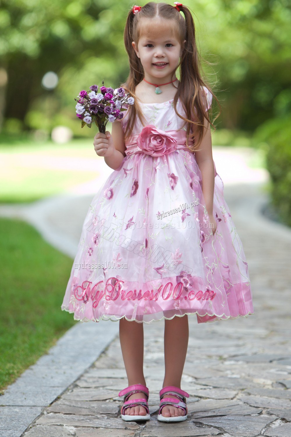 White and Pink Scoop Tea-length Flower Girl Dress Taffeta and Organza