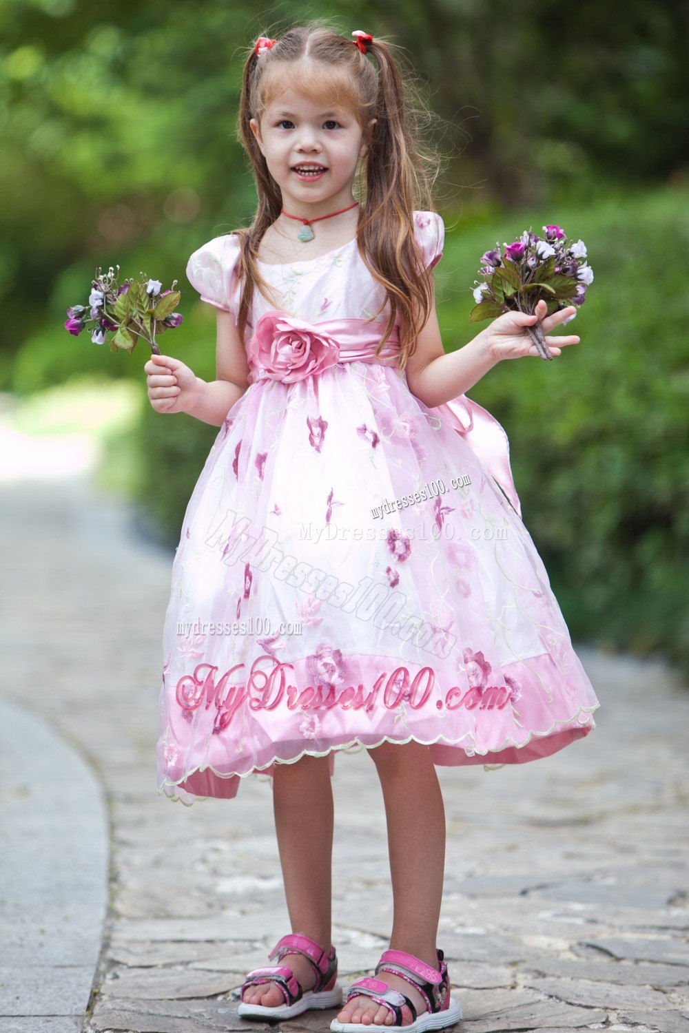 White and Pink Scoop Tea-length Flower Girl Dress Taffeta and Organza