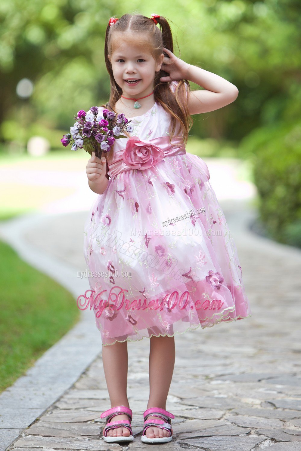 White and Pink Scoop Tea-length Flower Girl Dress Taffeta and Organza