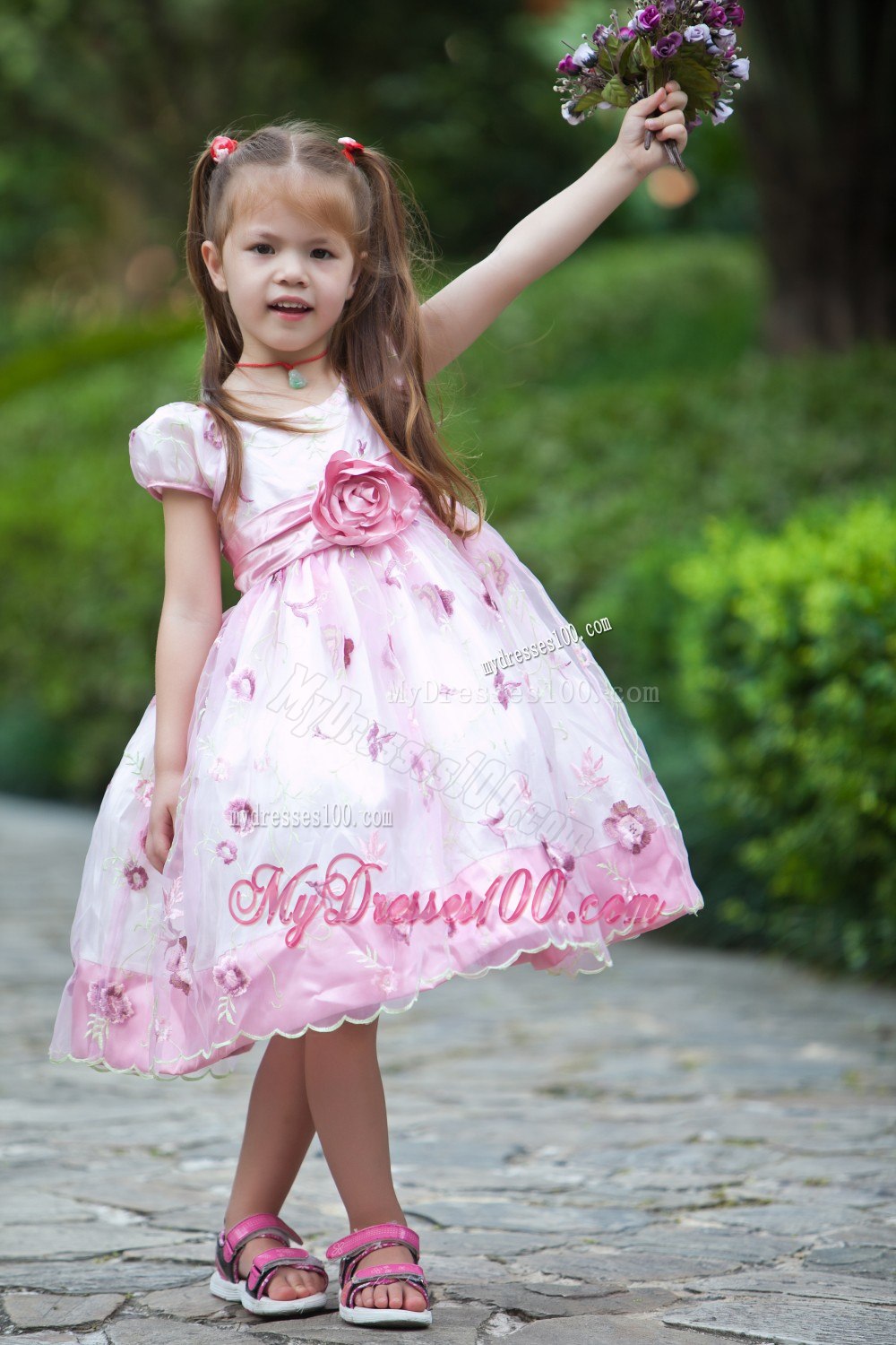White and Pink Scoop Tea-length Flower Girl Dress Taffeta and Organza
