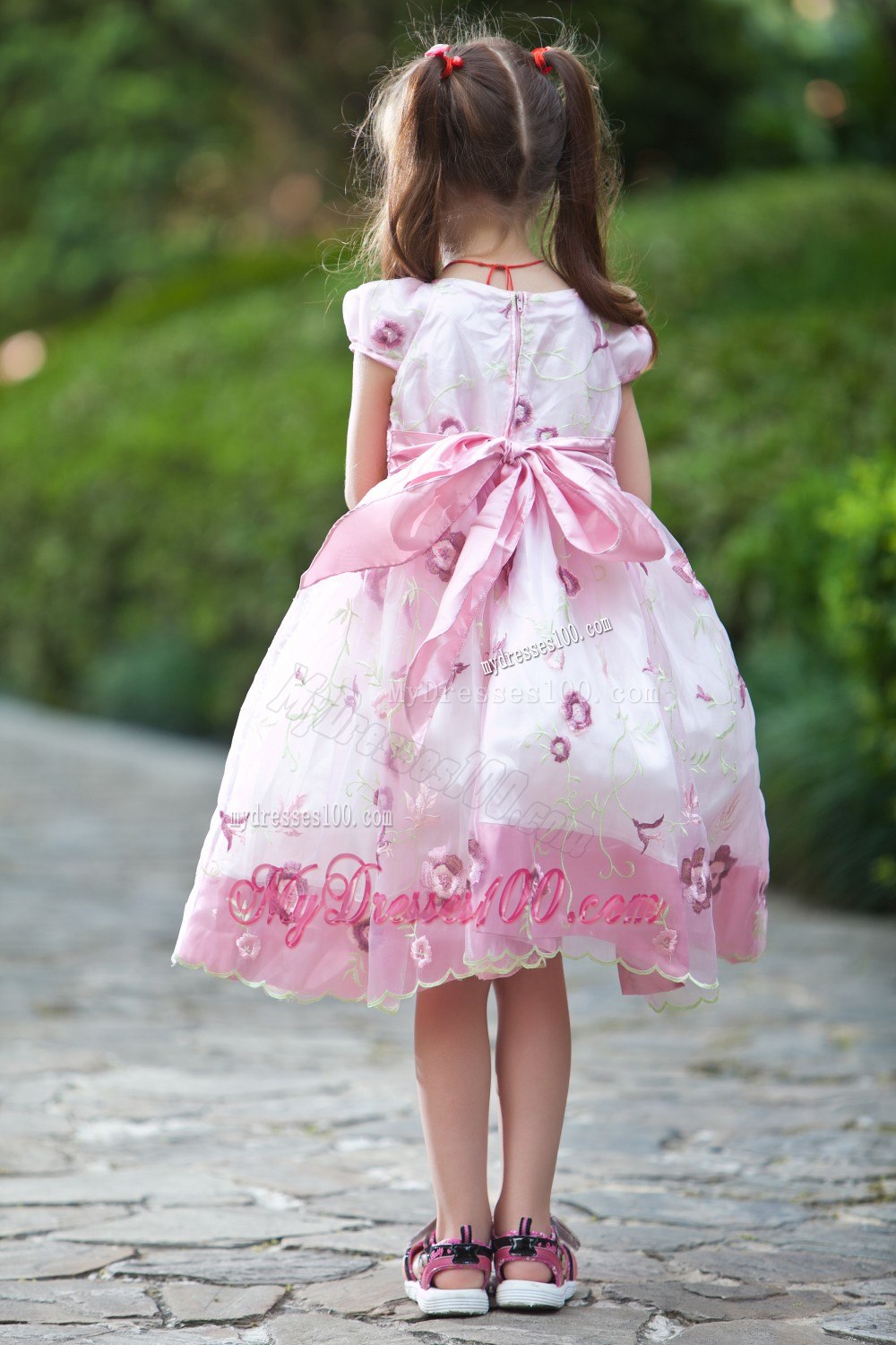 White and Pink Scoop Tea-length Flower Girl Dress Taffeta and Organza