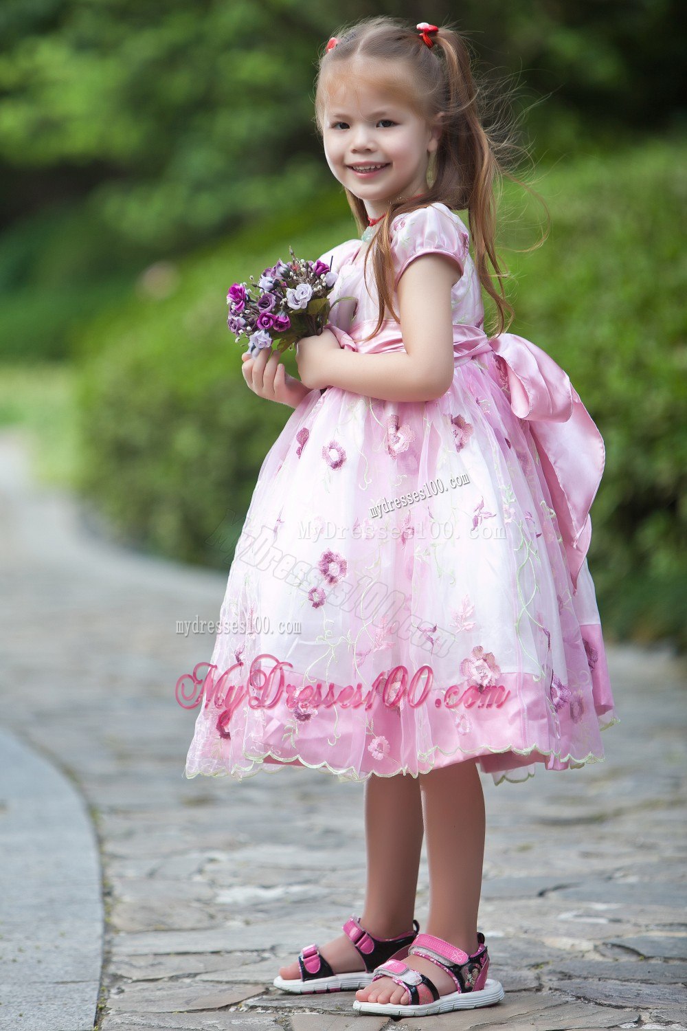 White and Pink Scoop Tea-length Flower Girl Dress Taffeta and Organza