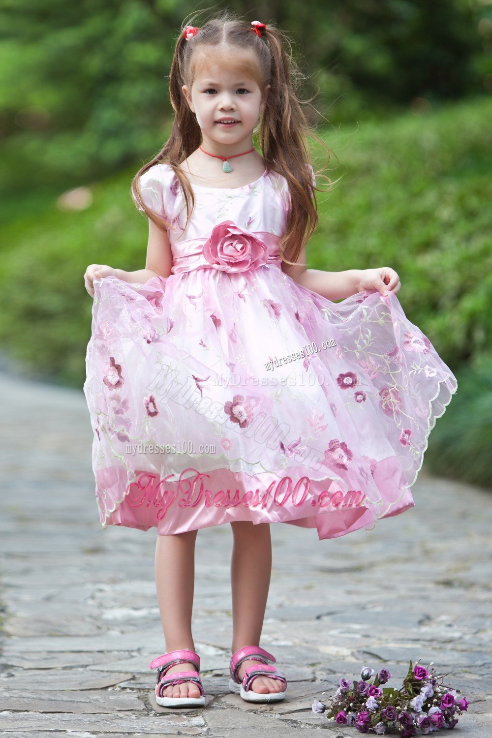 White and Pink Scoop Tea-length Flower Girl Dress Taffeta and Organza