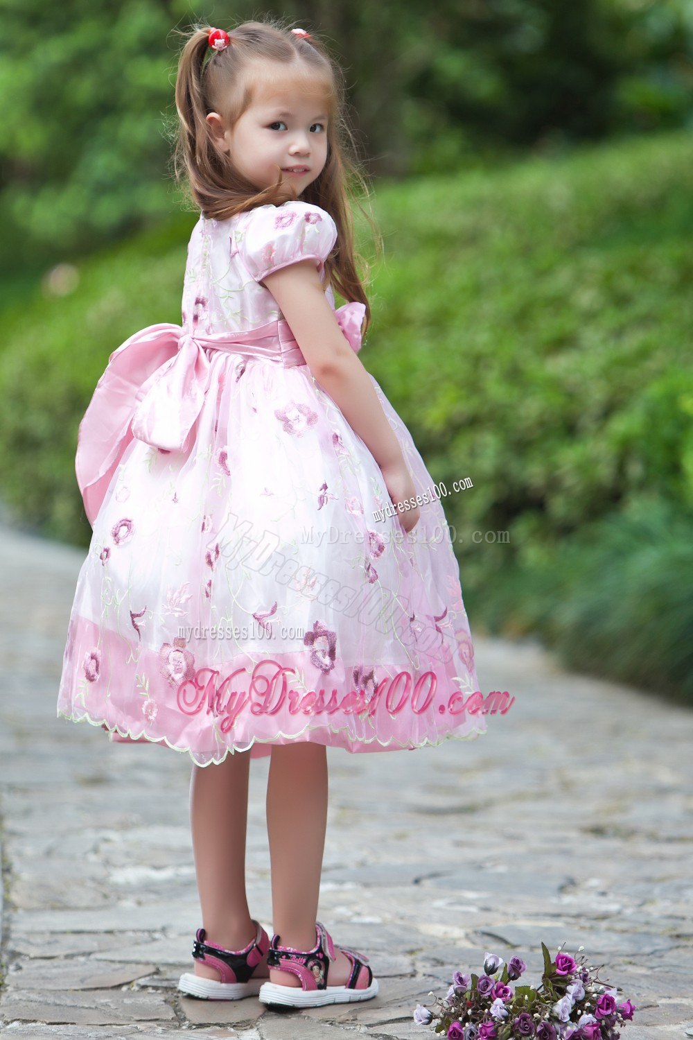 White and Pink Scoop Tea-length Flower Girl Dress Taffeta and Organza